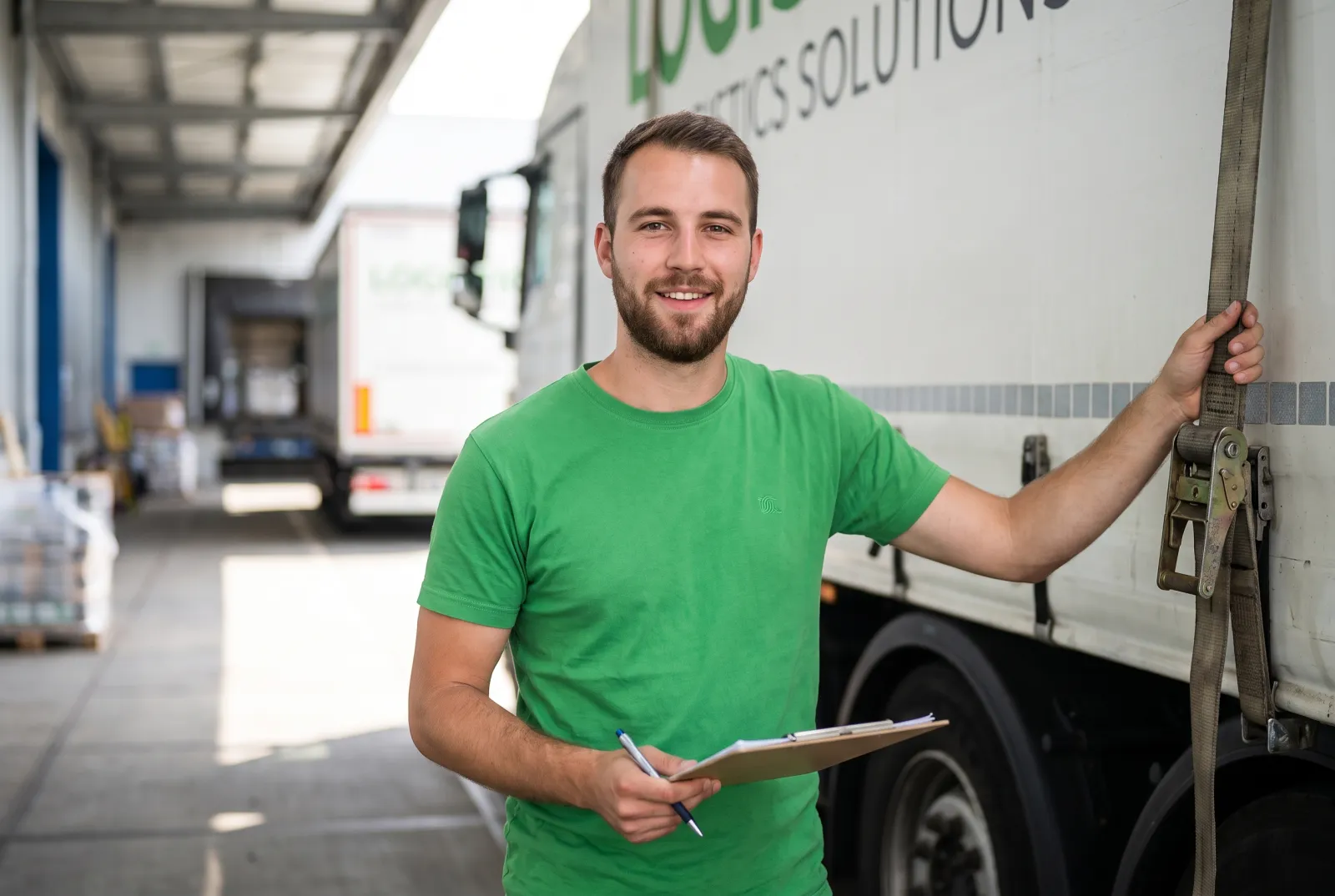 LKW-Fahrer mit Klemmbrett am Lkw an der Laderampe bei uniworks