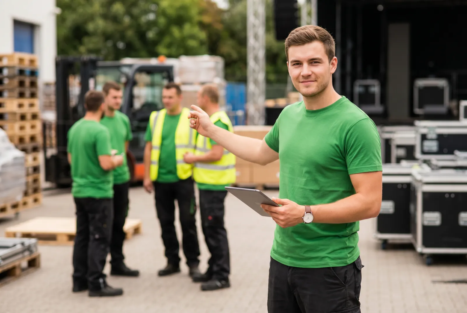 Veranstaltungsleiter mit Tablet koordiniert das Team beim Event-Aufbau bei uniworks