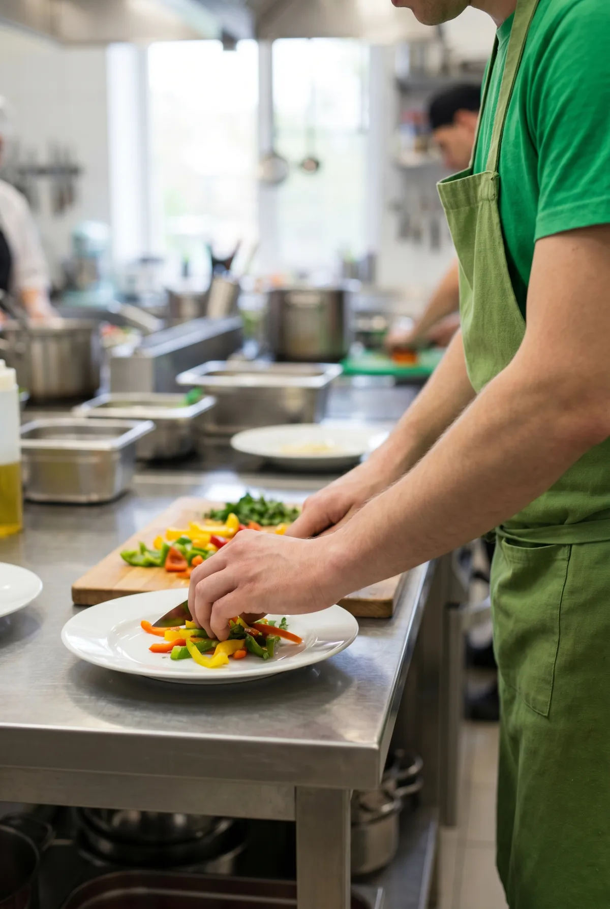 Küchenhilfe beim Anrichten in der Großküche