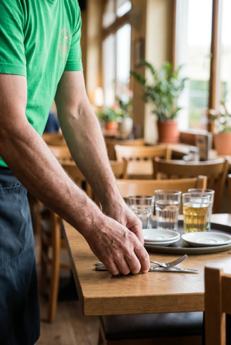 Servicekraft beim Eindecken im Restaurant